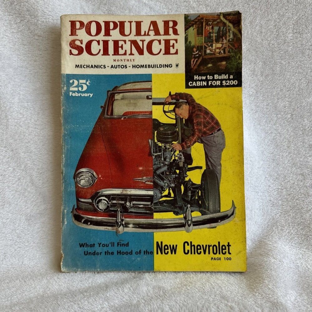 1953 POPULAR SCIENCE FEBRUARY HOW TO BUILD A CABIN UNDER THE HOOD CHEVY